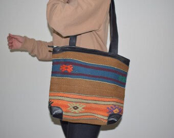 Handmade Turkish Kilim Wool Leather Bag, Ethnic Shoulder Bag