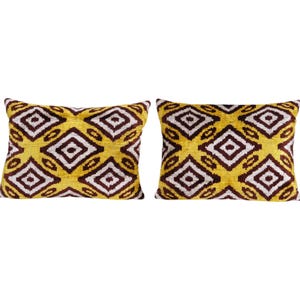 Turkish Ikat Velvet Cushion – Set of Two Handmade Yellow and Burgundy Pillow Cover – Boho Style Decor 17&#39;&#39; x 22&#39;&#39;