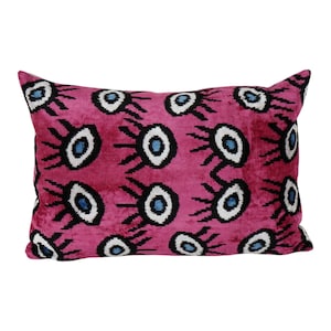Evil Eye Silk Ikat Velvet Pillow Cover, Pink Boho Throw Cushion with Ikat Pattern, Decorative Home Decor Accent Pillow Gift 16&#39;&#39; x 24&#39;&#39;