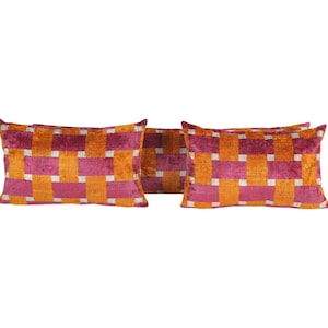 Silk Ikat Velvet Pillow Cover – Set of Three Orange and Magenta Lumbar Cushion – Bohemian Geometric Pattern – Turkish Mid-Century Home Decor
