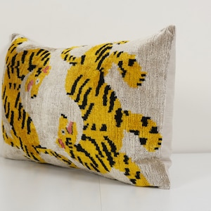 Tiger Ikat Velvet Pillow, Silk Lumbar Cushion Cover, Yellow Animal Lumbar Pillows, Boho Pillow image 4