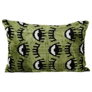 Funda de almohada de terciopelo Ikat de seda con diseño de ojo verde - Cojín decorativo bohemio con diseño de mal de ojo, 40 x 60 cm