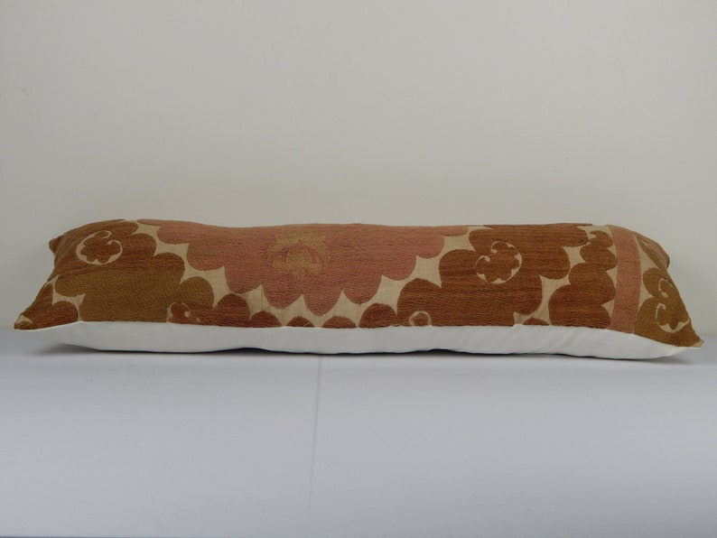 Extra Long Pink Suzani Cushion Cover Tribal House Decor 12 x 36 Handmade embroidered textile from Uzbekistan