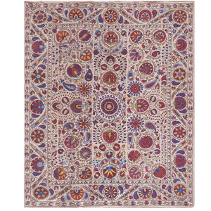 Early 20th Century Silk Suzani with an Tribal Design from Uzbekistan, Oversize Tan Suzani Wall Decor and Bedspread 8&#39;2&#39;&#39; x 10&#39;