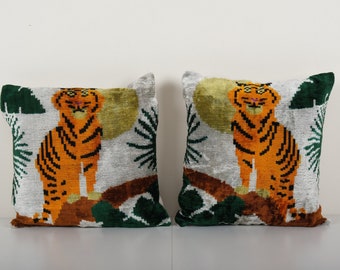 Funda de almohada de terciopelo Tiger Ikat, cojín de seda tejido a mano, 16 x 16