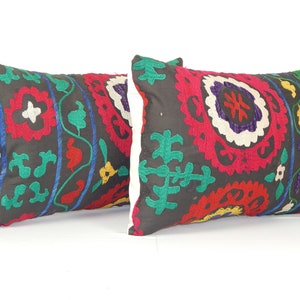 Suzani Body Pillow Made from a Vintage Uzbek Suzani, Set of Two Green Ethnic Lumbar Uzbek Pillow cover, Embroided Cushion Cover 16&quot; x 24&quot;