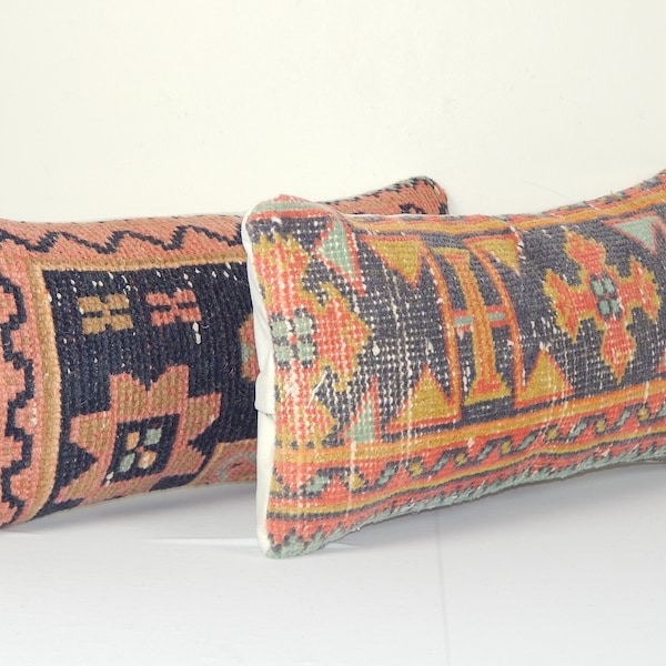 10" x 24" Oushak Rug Lumbar Pillow, Ethnic Pillow Cover, Vintage Traditional Carpet Pillow, curated neutral vintage pillows