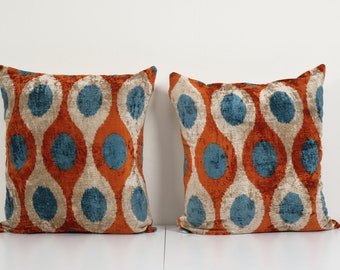 Set of Two Double Side Ikat Velvet Pillow, Pair Silk Ikat Cushion 24" x 24"