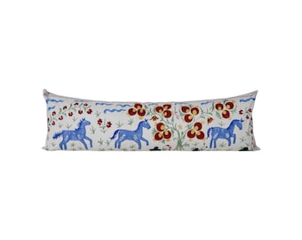 Tashkent Suzani Animal Bedding Pillow Case Made from a 19th Century Suzani - Blue Lumbar Horse Cushion Cover 18&#39;&#39; x 59&#39;&#39;