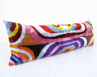 Silk Ikat Velvet Pillow, Extra Long Silk Ikat Lumbar Cushion Cover, Colorful Extraordinary Design Velvet Bench Cushion 16" x 48"