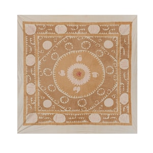 Uzbek Hand embroidery Brown and Beige Suzani, Boho Wall hanging Decor, Natural Color Suzani Tablecloth 4&#39;5&#39;&#39; x 4&#39;6&#39;&#39;