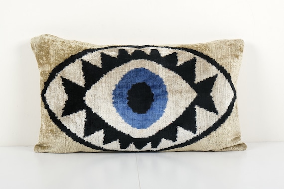 Ikat Eye Beige Pillow Cover Handloom Blue Silk Ikat Velvet Lumbar