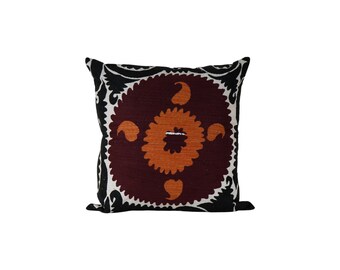 Hand Embroidered Suzani Pillow Cover, Vintage Uzbek Cotton Cushion (27'' x 28'')