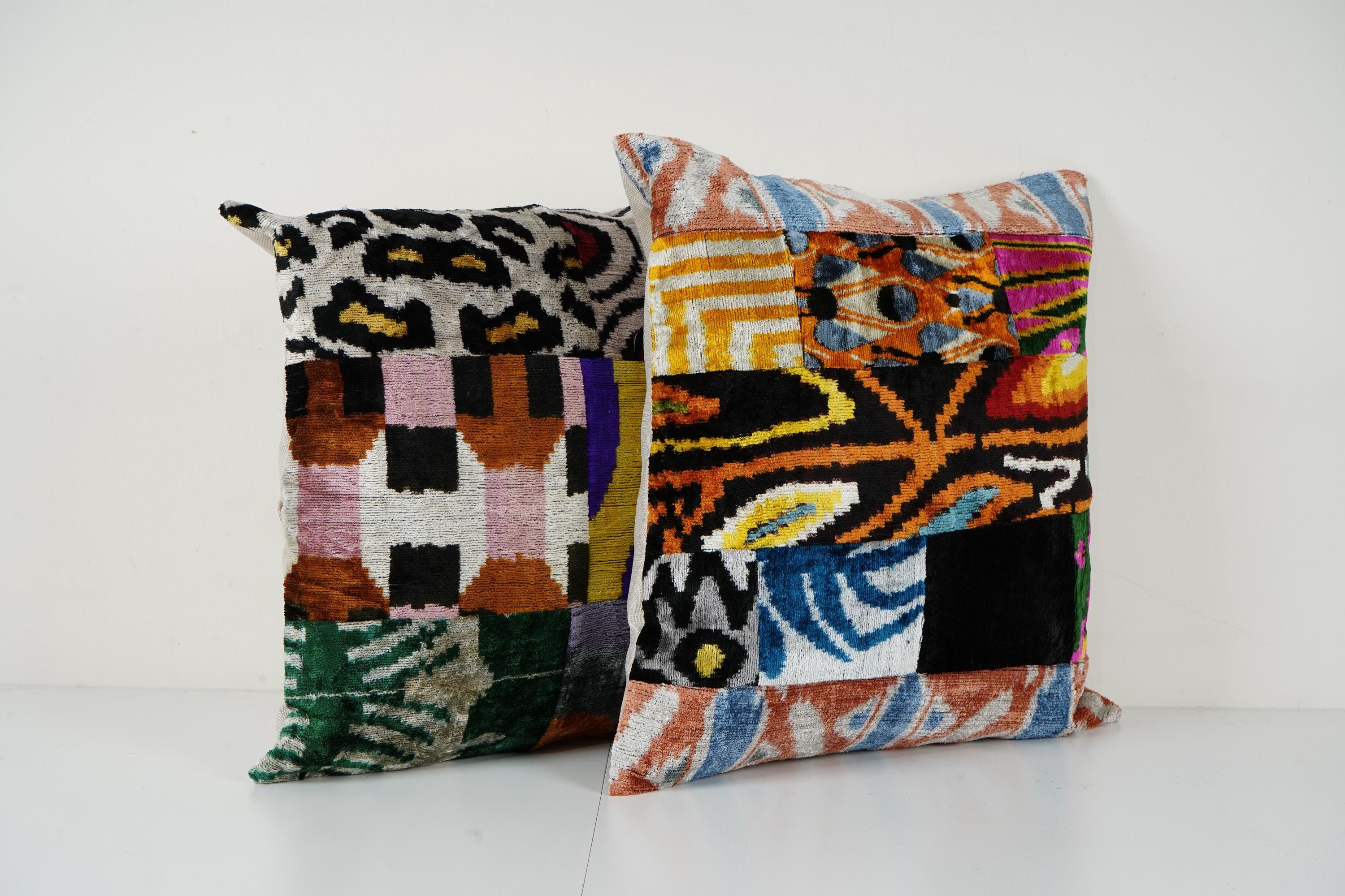 イカットベルベットパッチワーク枕カバー - シルクウズベキスタン
