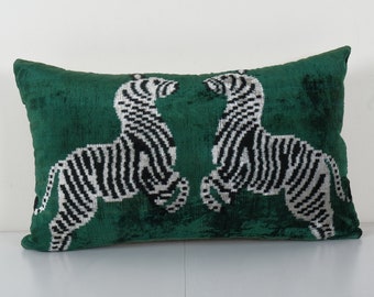 Velvet Ikat Zebra Cushion Cover, Silk Ikat Velvet Pillow Case with Animal Motifs, Designer Pillow  16'' x 24''