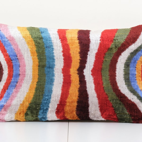 14" x 24" Colorful Ikat Velvet Pillow - Lumbar Silk Cushion Cover - Simple and Plain Turkish Pillowcase