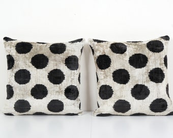 Ikat Black Polka Dot Pillow Pillow Cover - Pair Silk Ethnic Velvet Pillow Cover - Set of Two Ethnic Decorative pillow 16&quot; x 16&quot;