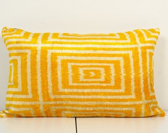 16" x 24" Christmas Day Gift Pillow, Silk Ikat Velvet Pillow, Ethnic Ikat Lumbar Pillowcase, Yellow Labyrinth Geometric Velvet Cushion