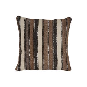 May include: Square decorative pillow with a striped pattern. The pillow features vertical stripes in shades of brown, beige, and black. The pillow is a neutral color and would complement any decor.