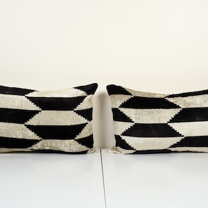 14" x 24" Set of Two Ikat Velvet Pillow, Silk Lumbar Cushion Cover, Pair Black and Cream Boho Chic Pillow Cover