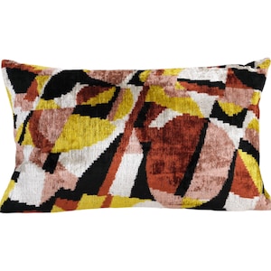 Hand Woven Velvet Ikat Lumbar Pillow Cover, Yellow Colorful Designer Cushion 16&#39;&#39; x 24&#39;&#39;