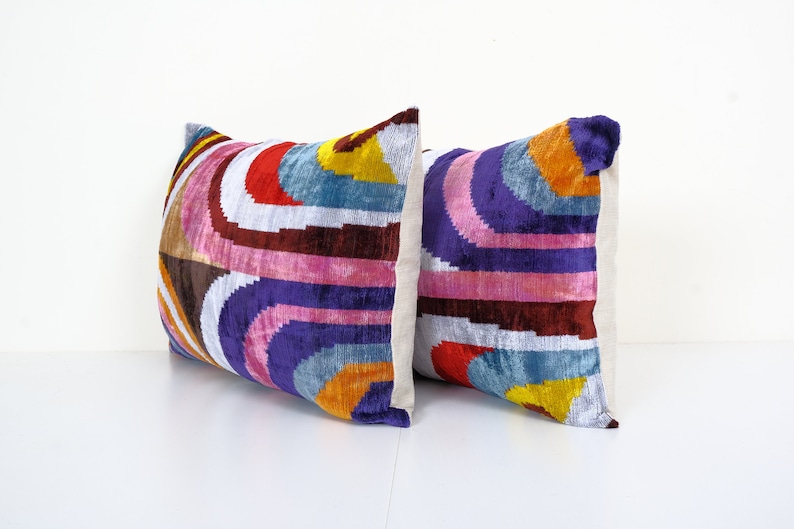 Pair Silk Ikat Velvet Pillow, Set of Two Silk Ikat Lumbar Cushion Cover, Colorful Ikat Lumbar Pillows, Extraordinary Design Velvet Cushion image 4