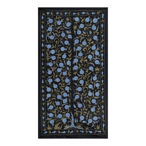Silk Suzani from Uzbekistan, Central Asia Black and Blue Samarkand Wall Hanging Decor, Floral Uzbek Bedspread and Tablecloth 3&#39;4&#39;&#39; x 6&#39;1&#39;&#39;