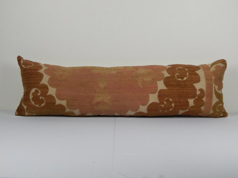 Extra Long Pink Suzani Cushion Cover Tribal House Decor 12 x 36 Handmade embroidered textile from Uzbekistan