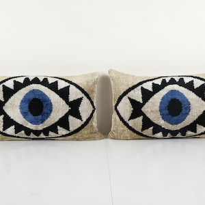 Set of Two Silk Ikat Eye Velvet Pillow Cover - Pair Handloom Beige and Blue Velvet Lumbar Pillow Cover - Uzbek Cushion Cover