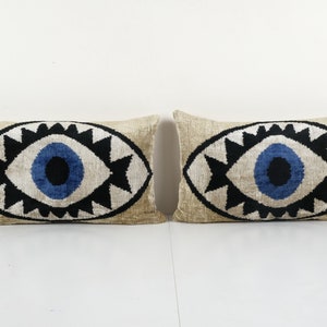 Set of Two Silk Ikat Eye Velvet Pillow Cover - Pair Handloom Beige and Blue Velvet Lumbar Pillow Cover - Uzbek Cushion Cover