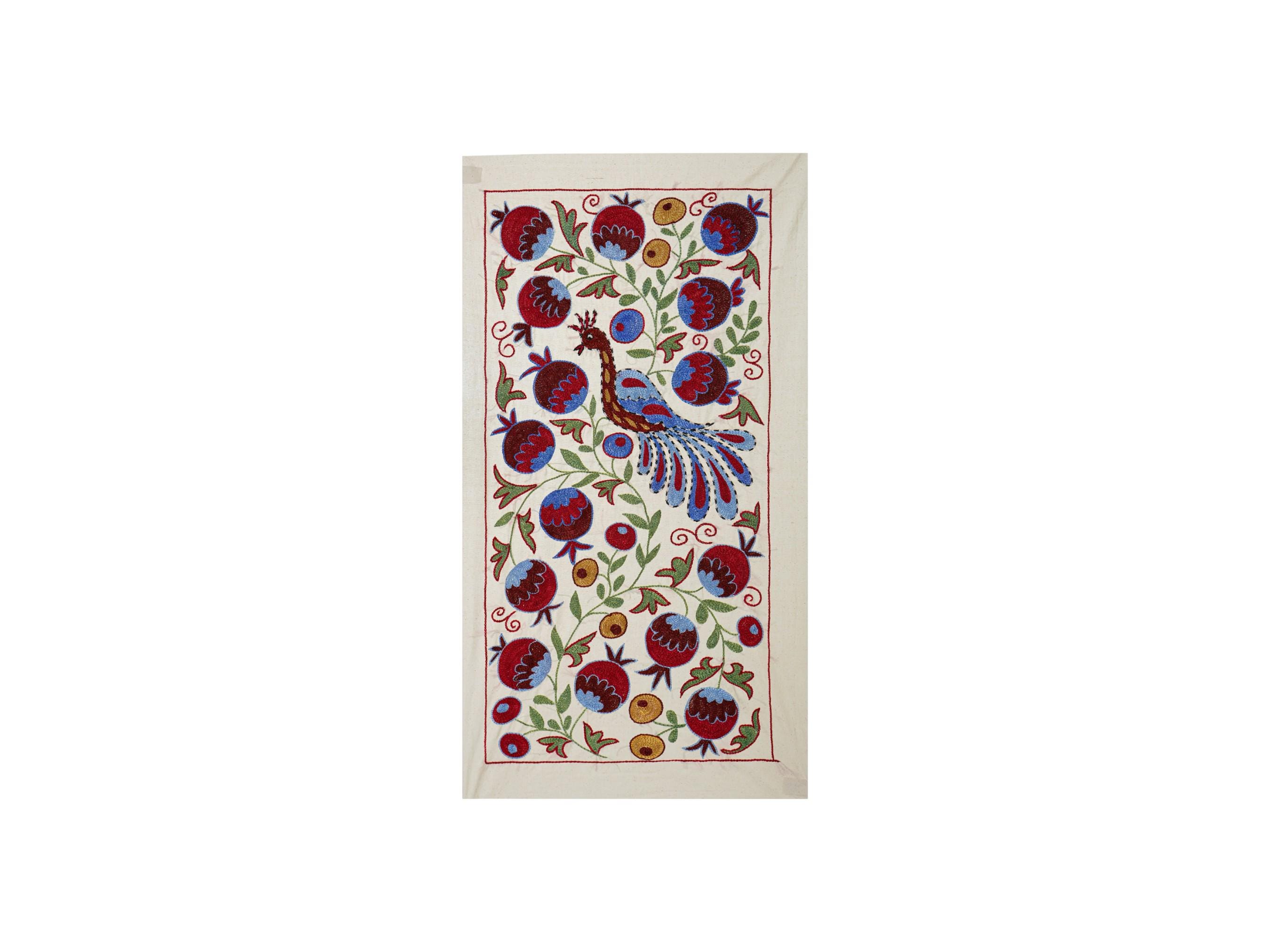Pomegranate & Peacock Suzani Wall Art, Colorful Uzbek Textile