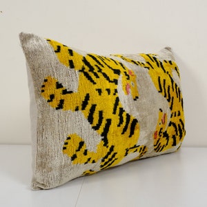 Tiger Ikat Velvet Pillow, Silk Lumbar Cushion Cover, Yellow Animal Lumbar Pillows, Boho Pillow image 3