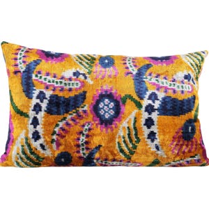 Ikat Velvet and Silk Pillow Cover - Orange and Blue Bohemian Decorative Lumbar Cushion Cover 16&#39;&#39; x 24&#39;&#39;
