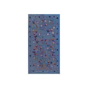 1960s Silk Suzani Blue Runner With Tree of Life Pattern, Red Suzani Table Cloth Textile, Embroidered Tapestry or Bed Cover 3&#39;5&#39;&#39; x 6&#39;2&#39;
