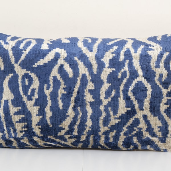 Ikat Velvet Pillow - Blue Silk Lumbar Cushion Cover - Boho Home Decor
