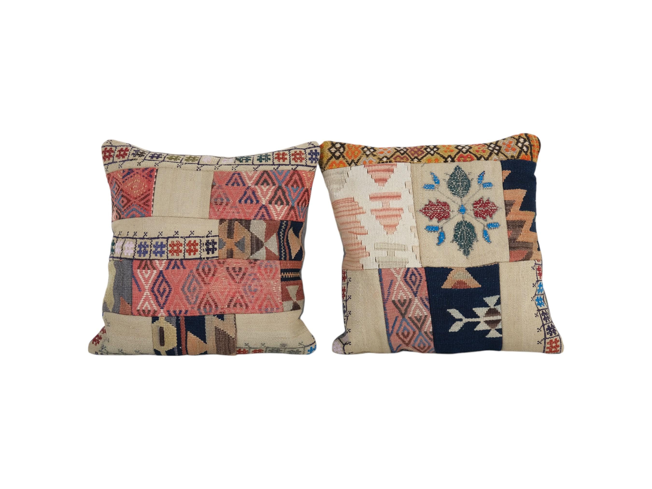 ヴィンテージトルコラグ枕カバーセット、手織りパッチワーククッション