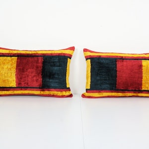 Silk Ikat Velvet Pillow Cover with Rich Border, Matching Red, Yellow and Black Ikat Lumbar Cushion Cover 16&quot; x 24&quot;