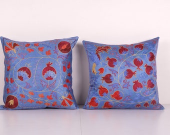 Pair Suzani Silk Cushion Cover from Uzbekistan, Set of Two pomegranate Embroidered Suzani Floral Pattern Boho Pillow 19'' x 19''