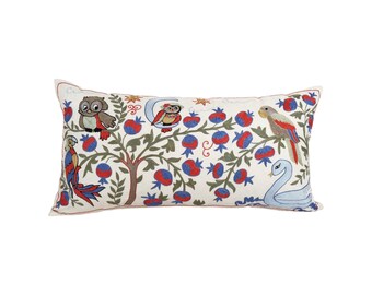 Vintage Uzbek Suzani Pillow Cover, Embroidered Birds, Cotton Cushion (18'' x 34'')