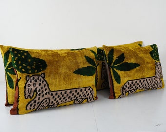 Tiger Design Ikat Velvet Pillow, Set of Three Gold Animal Handloom Floral Lumbar Pillows, Extra Long Ikat Velvet Cushion