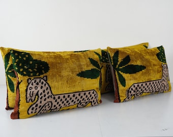 Juego de fundas de almohada de terciopelo Tiger Ikat, seda tejida a mano, cojín lumbar