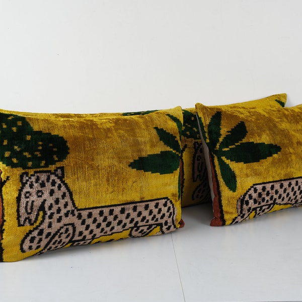 Tiger Design Ikat Velvet Pillow, Set of Three Gold Animal Handloom Floral Lumbar Pillows, Extra Long Ikat Velvet Cushion