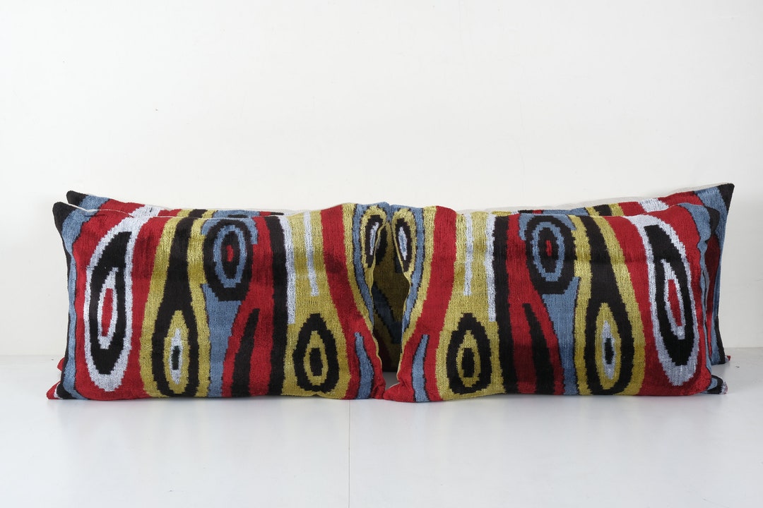 Ikat Colorful Pillow Cover Set of Three Silk Velvet Lumbar Pillow Cover