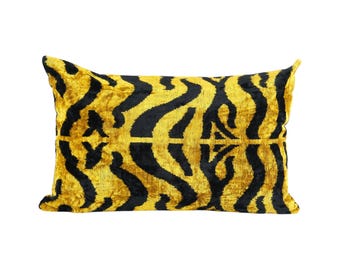 Handmade Luxury Tiger Ikat Velvet Pillow - Silk Ikat Decorative Pillow Cover - Soft Couch Cushion 16" x 24"