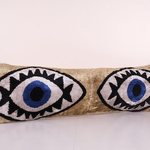 Gold Ikat Eye Velvet Pillow, Handwoven Silk Velvet Extra Long Lumbar Cushion Cover, Designer Bedding Pillow 16&#39;&#39; x 48&#39;&#39;