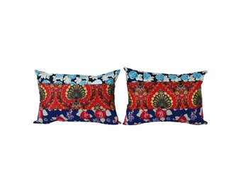 Multicolor Uzbek Lumbar Pillow Cover Set, Boho Patchwork Cushions (16'' x 22'')