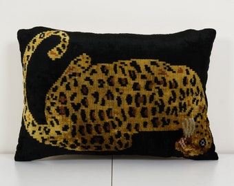 Tiger Ikat Velvet Pillow, Silk Lumbar Cushion Cover, Yellow Animal Lumbar Pillows, Boho Pillow