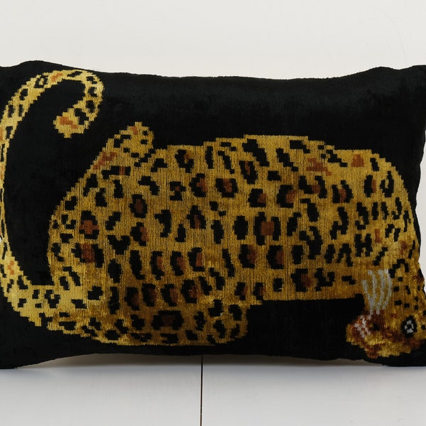 Tiger Ikat Velvet Pillow, Silk Lumbar Cushion Cover, Yellow Animal Lumbar Pillows, Boho Pillow