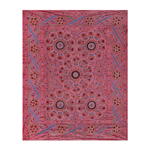 Silk Suzani Tablecloth - King Size Floral Wall Hanging Decor and Bedspread and Blanket - Raspberry Red and Purple Textile Art 8&#39; x 9&#39;9&#39;&#39;