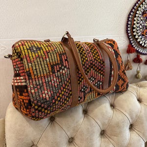 Vintage Turkish Kilim Duffle Bag - Handwoven Travel Bag with Wool and Genuine Leather Base